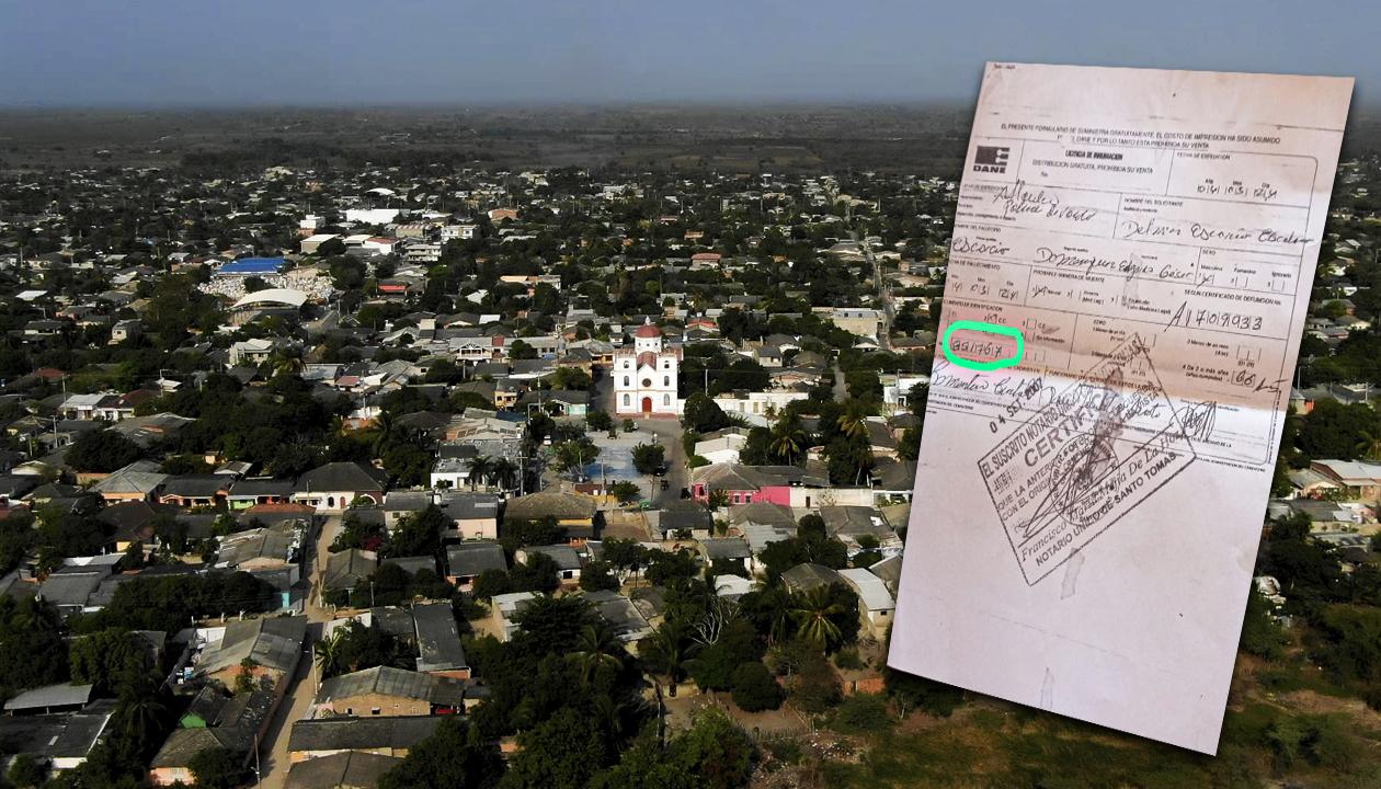 Acta de inhumación de Edgardo Escorcia y una vista aérea de Palmar de Varela