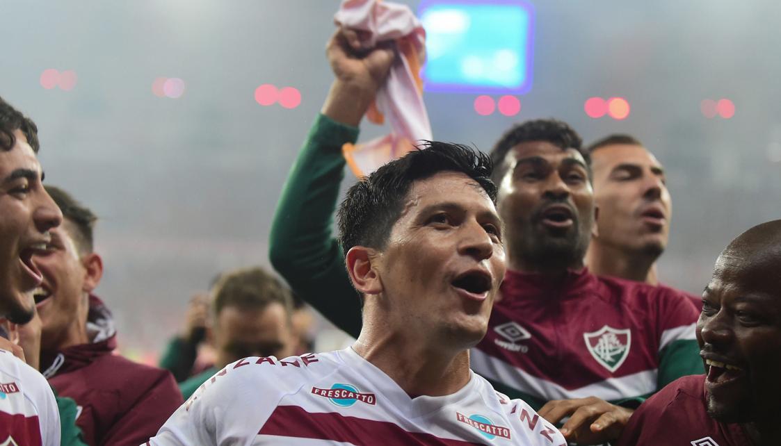La celebración de Germán Cano con sus compañeros.