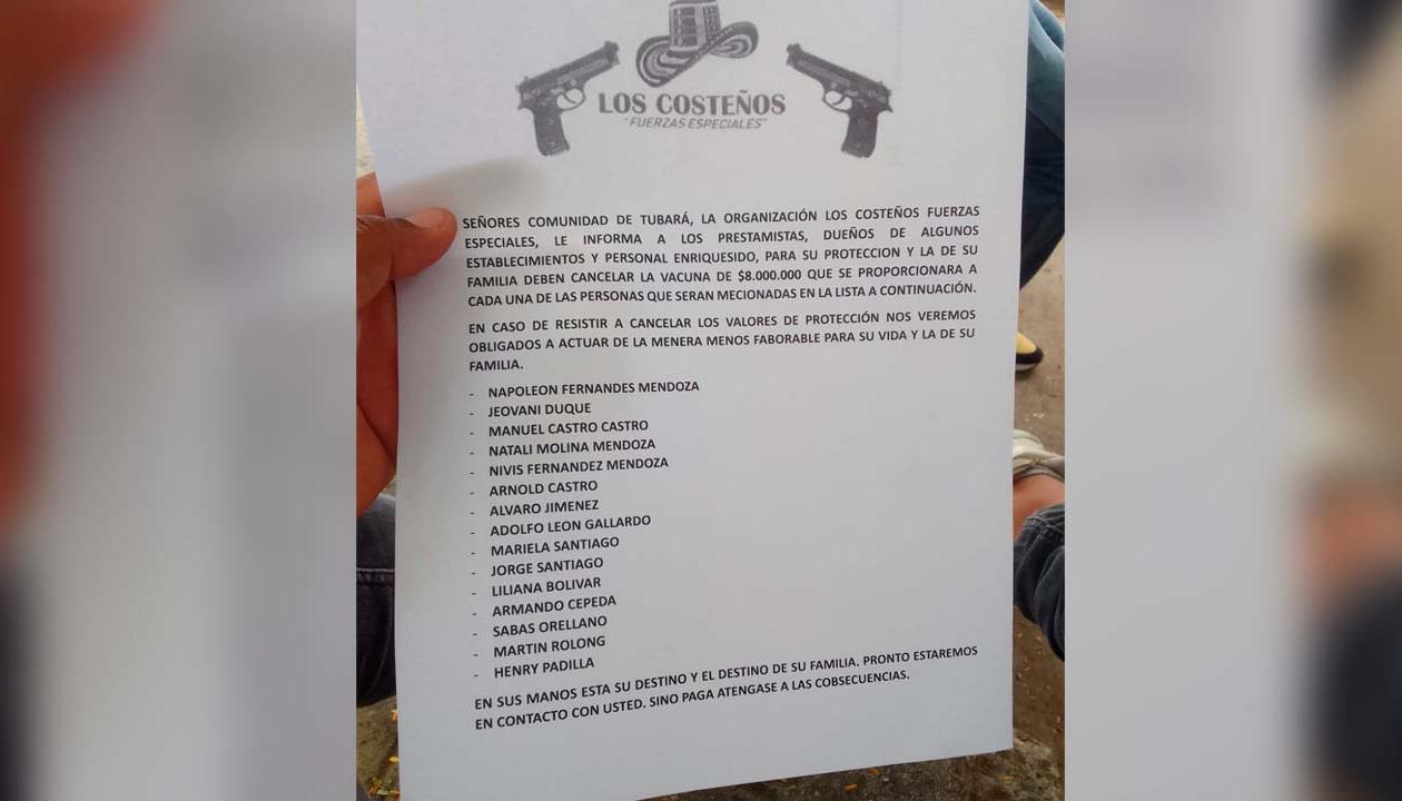 Panfleto extorsivo en Tubará.