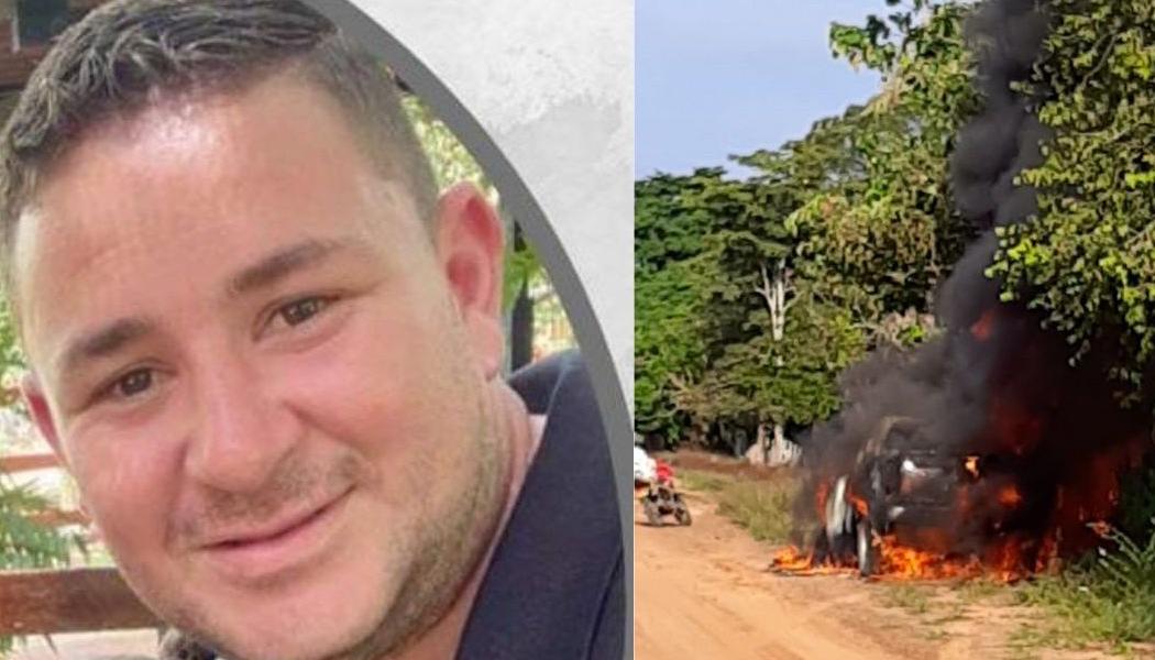 Juan Carlos Bayter, secuestrado. En la otra foto, el vehículo incendiado