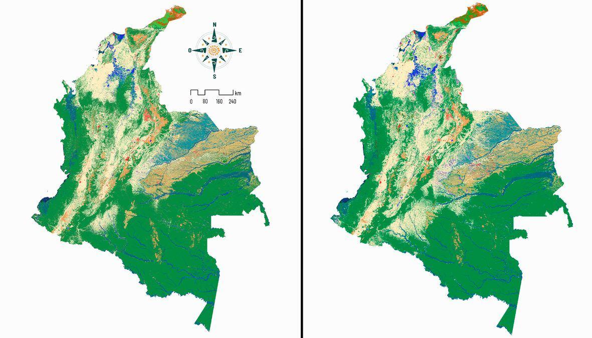 Los mapas de uso de suelo de Colombia. El de izquierda de 1985 y el de derecha, de 2022.