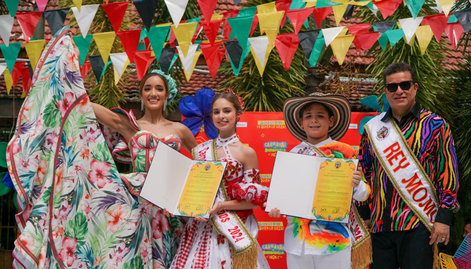 Melissa Cure, Jueventino Ojito, Samia Maloof Habib y Emanuel Angulo Cabarcas, Reyes y Reyecitos del Carnaval 2024.