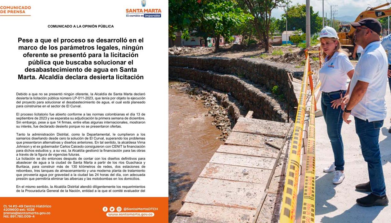 La alcaldesa de Santa Marta, Virna Johnson, y el comunicado emitido sobre la licitación