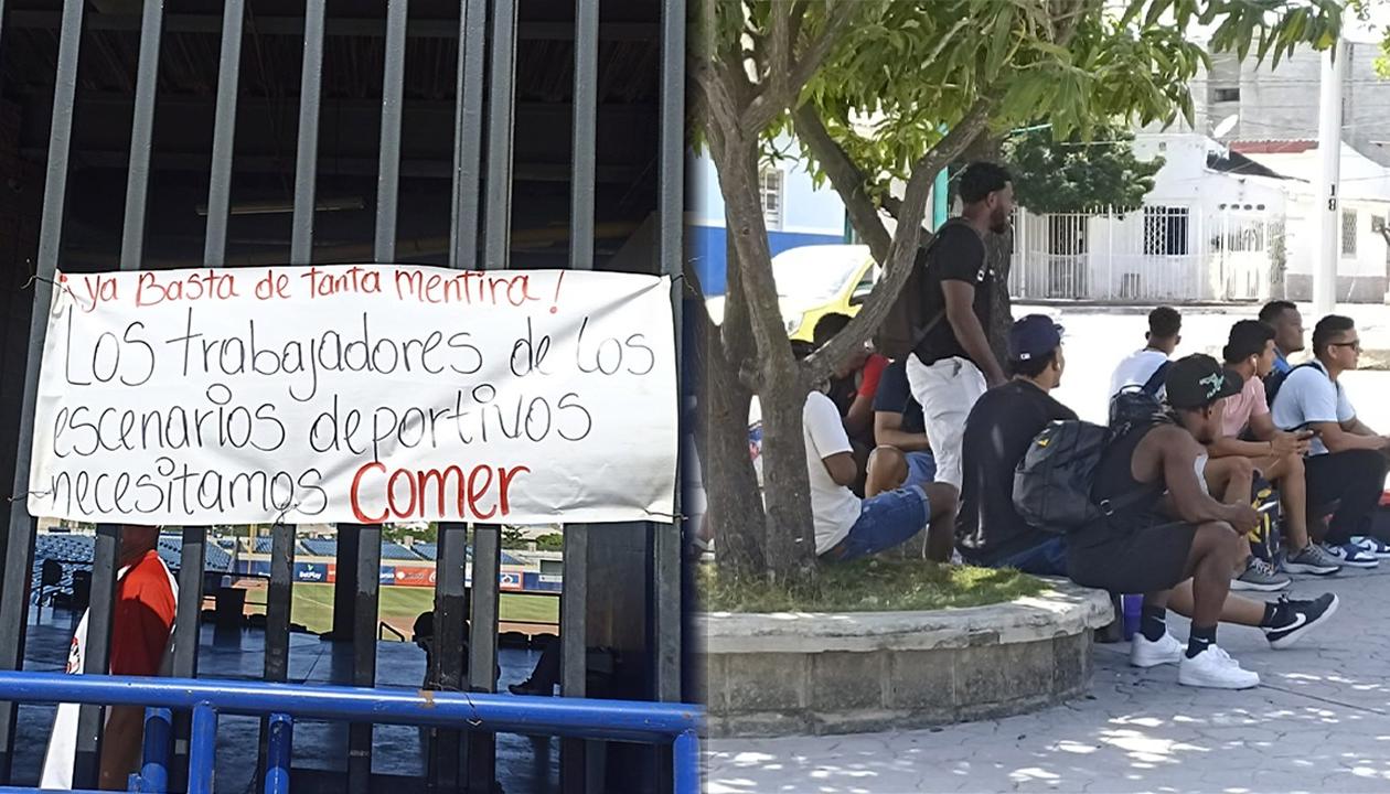 La protesta de los trabajadores y los peloteros en las afueras del estadio Édgar Rentería. 
