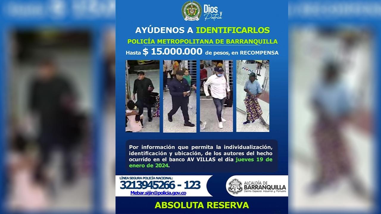 Presuntos asaltantes del banco AV Villas buscados por la Policía.