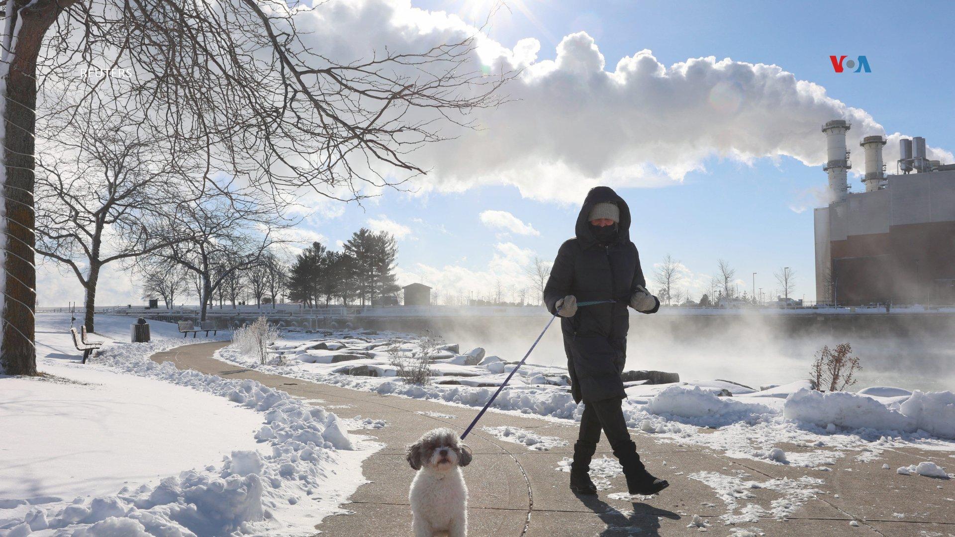 Un ciudadano y su mascota caminan entre la nieve este viernes en Nueva York