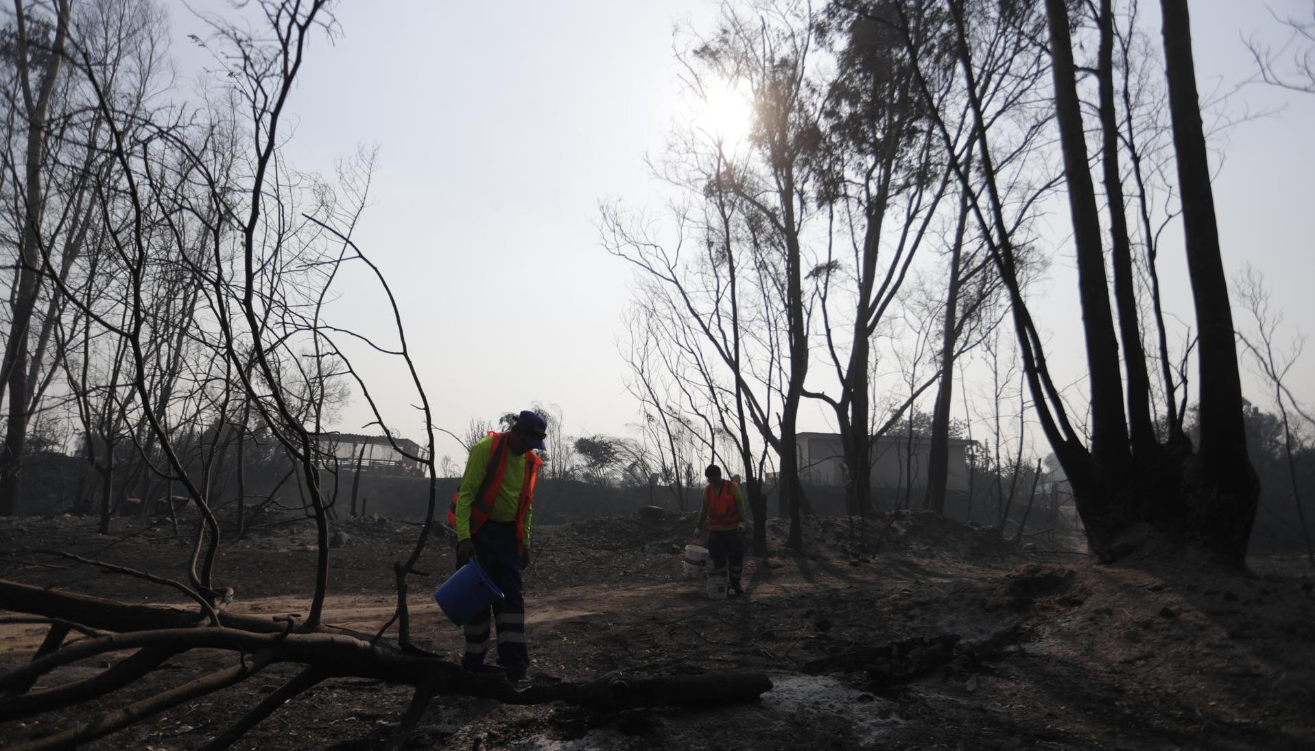 Bomberos y voluntarios tratan de extinguir los focos de un incendio en la zona de Patagual, en Viña del Mar . 