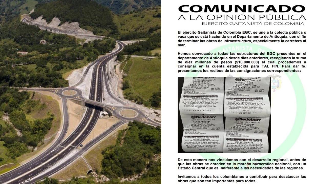 Imagen de vía 4G y el comunicado del Clan del Golfo.