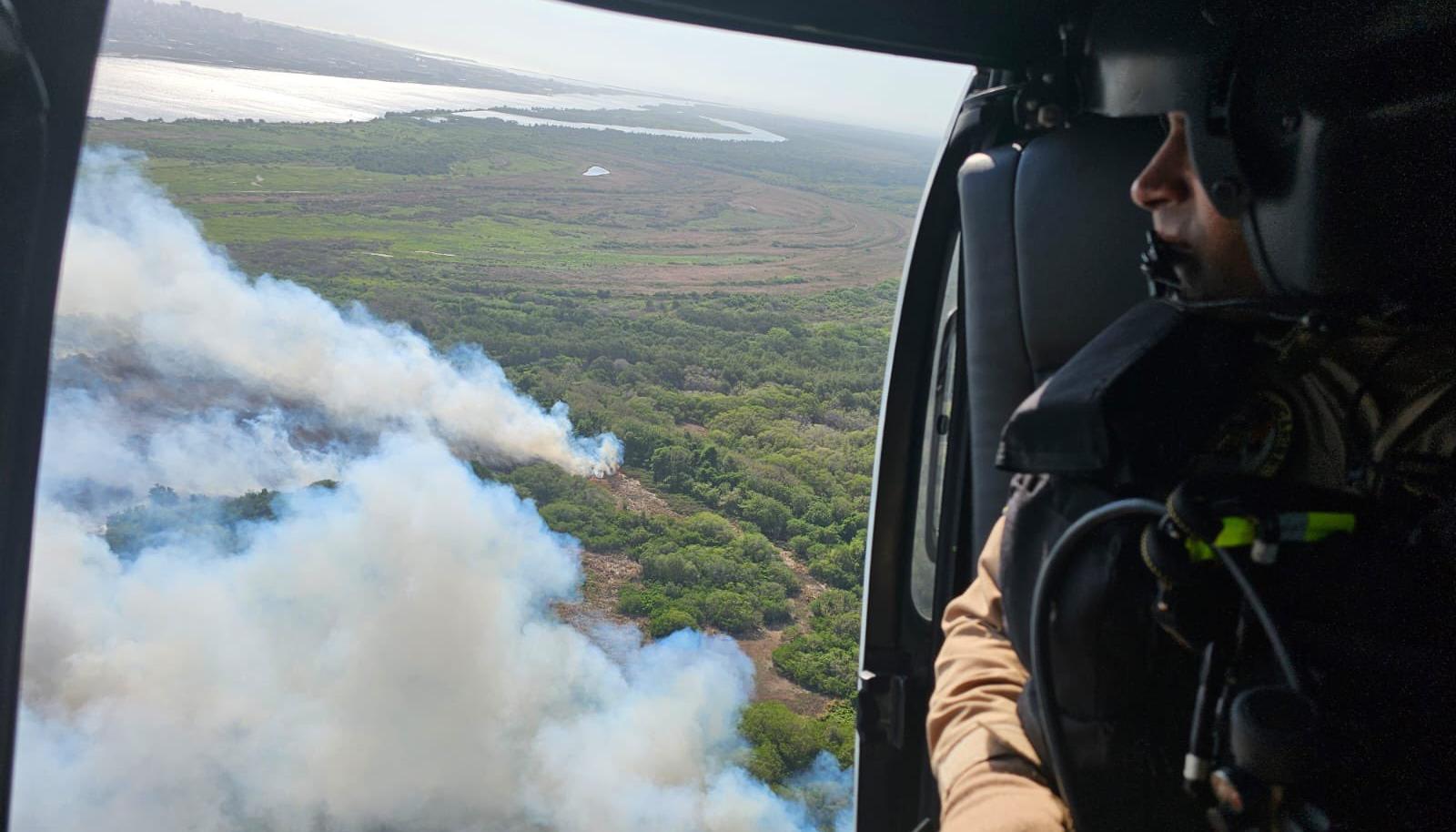 Vista aérea del incendio en Isla Salamanca.