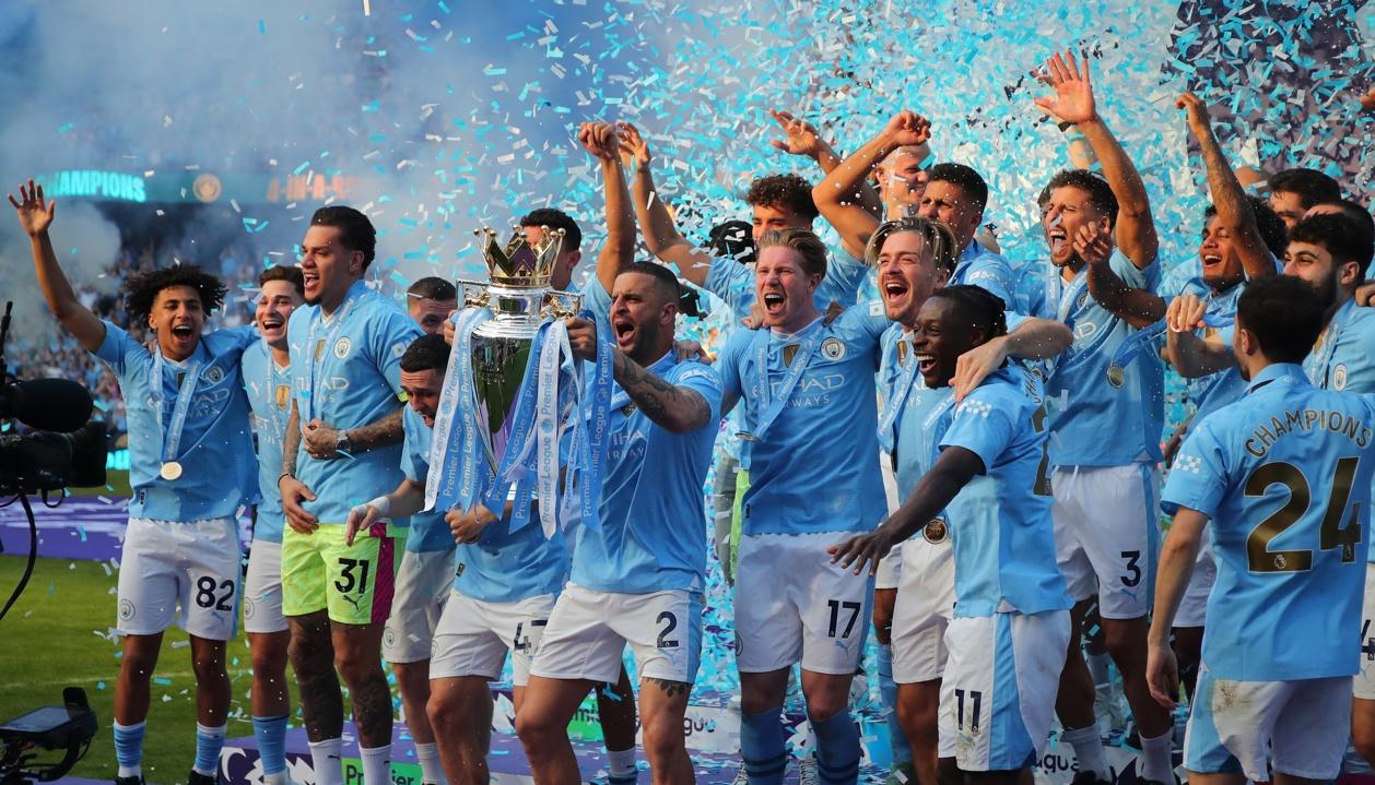 La celebración del título del Manchester City tras derrotar al West Ham. 