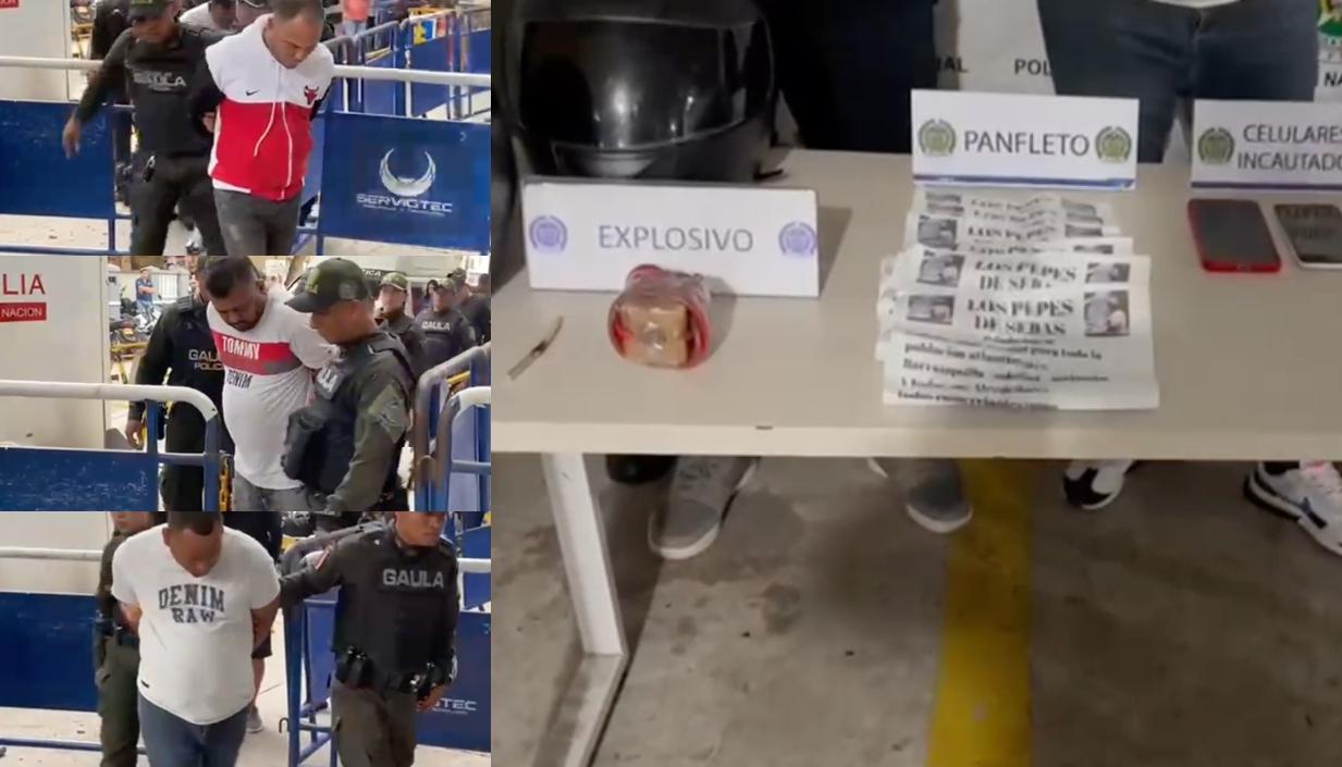 Tres de los cuatro presuntos extorsionistas capturados en el barrio Las Nieves. 