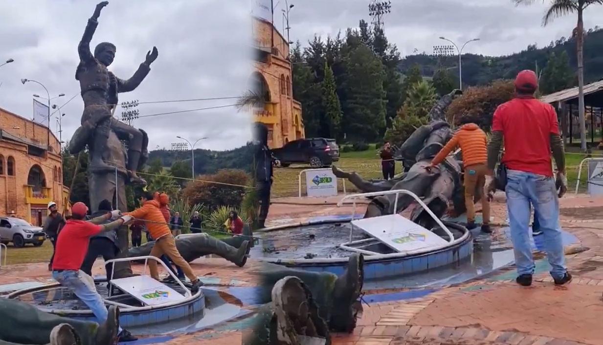 El momento en que la estatua del torero César Rincón cae al suelo
