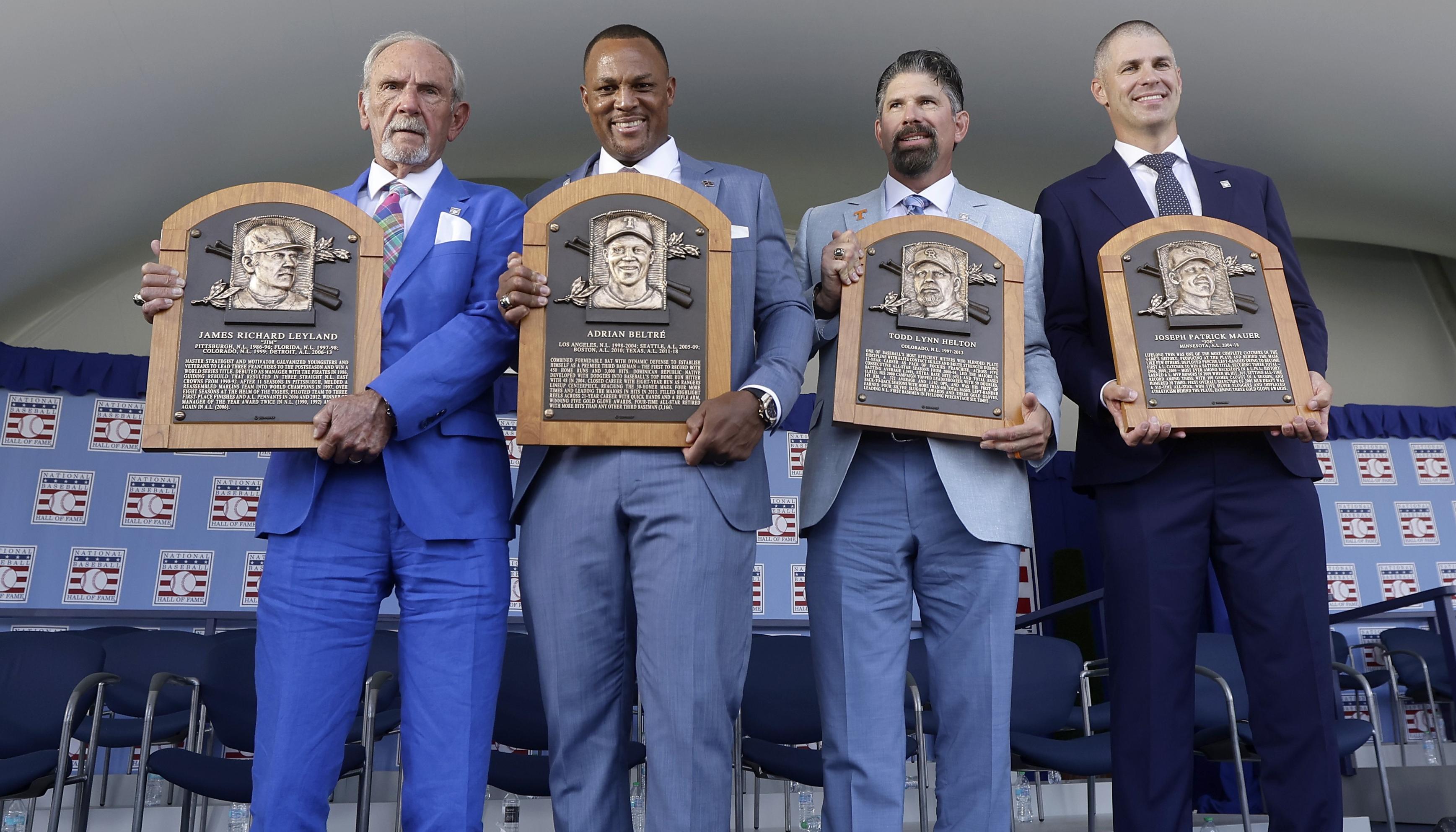 Jim Leyland, Adrián Beltré, Todd Helton y Joe Mauer, los nuevos miembros del Salón de la Fama. 