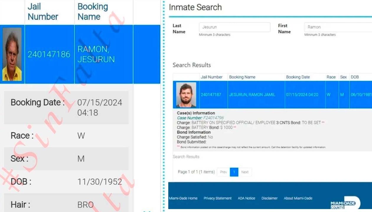 Registro que hicieron las autoridades de Miami a Ramón Jesurun y a su hijo. 