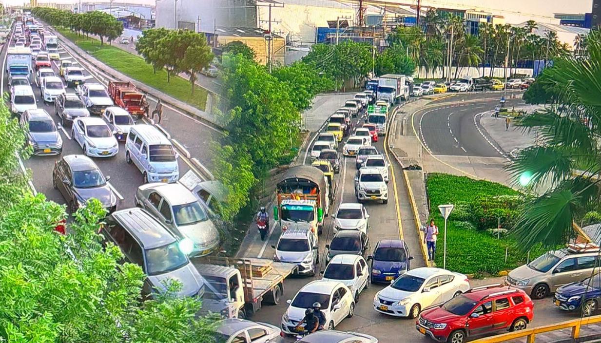 Trancón en la Vía 40, a la altura de la rotonda del barrio Las Flores. 