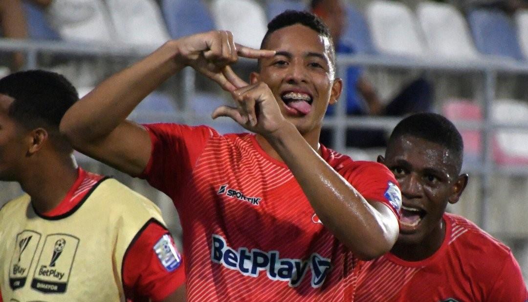 Jordan Barrera festeja tras marcar el segundo gol del Barranquilla FC.