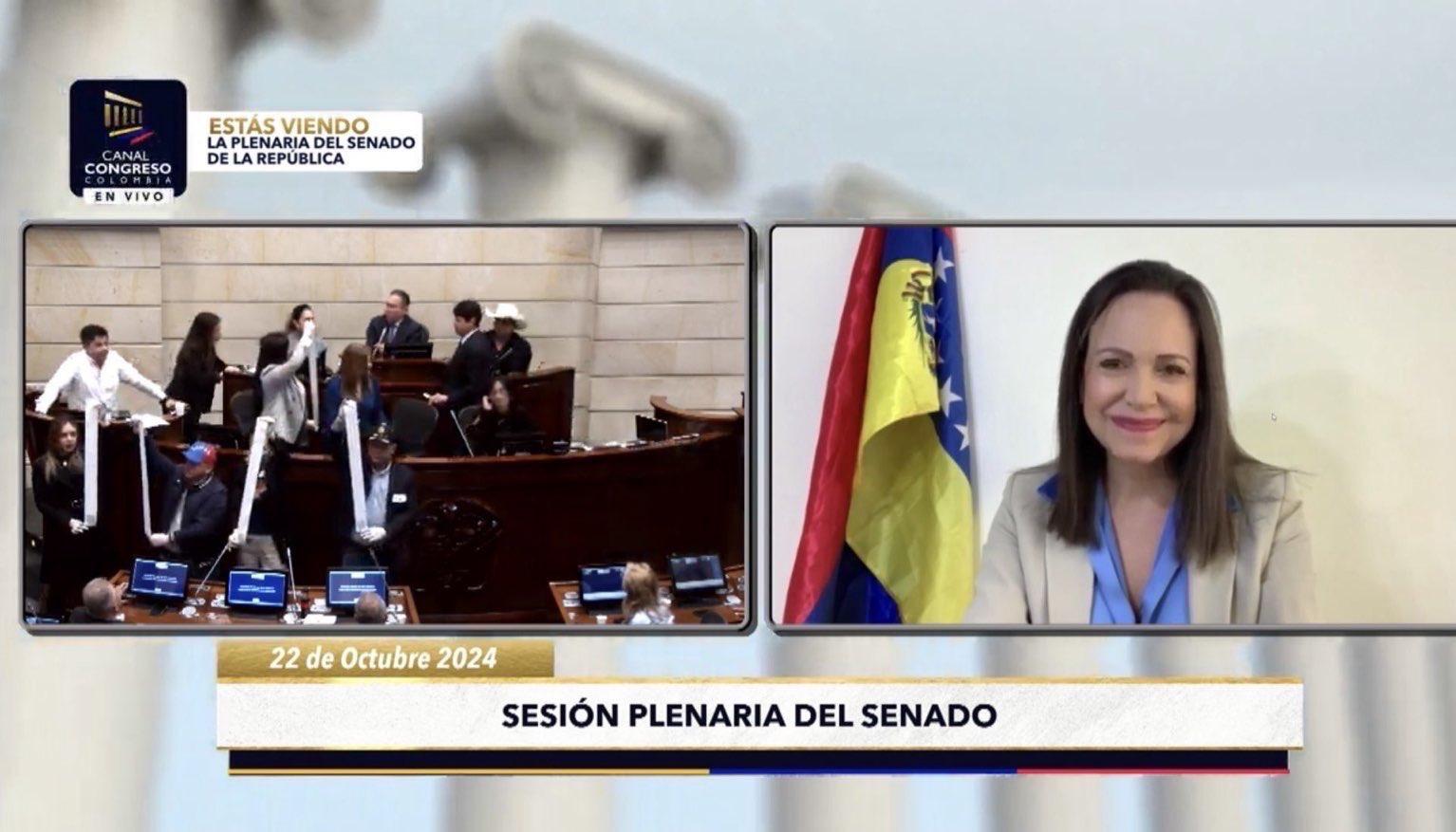 María Corina Machado en una sesión virtual en el Senado de la República de Colombia.