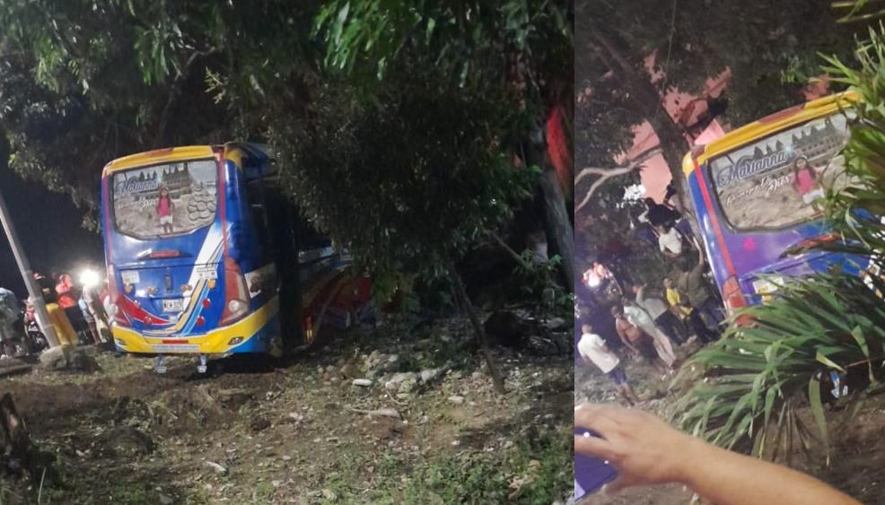 El bus quedó en una zona enmontada a un lado de la vía. 