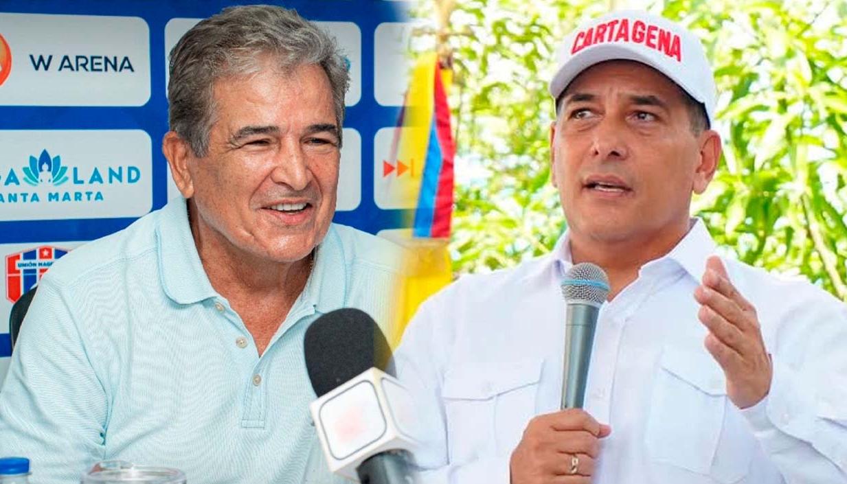 Jorge Luis Pinto, técnico del Unión Magdalena, y Dumek Turbay, alcalde de Cartagena.