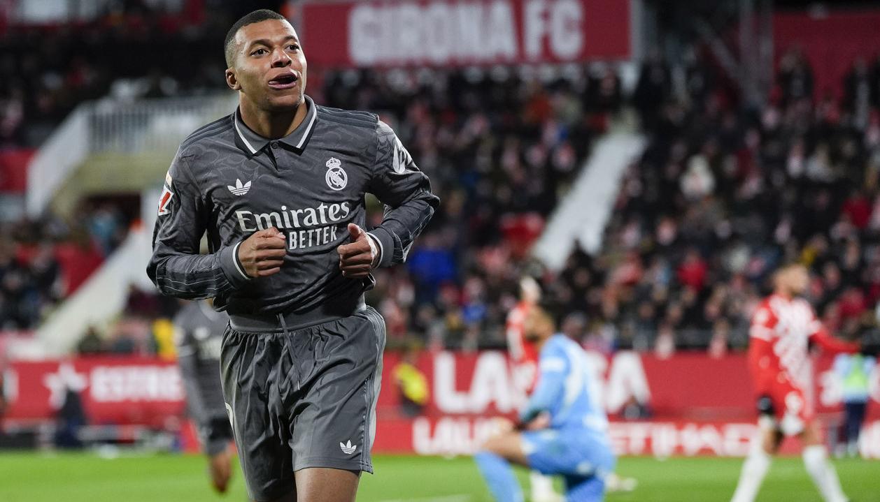 Kylian Mbappé tras marcar el tercer gol del Real Madrid ante el Girona. 