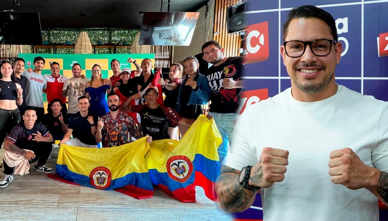 Grupo de participantes en la cartelera y Luis Eduardo Banoy, presidente de la Liga de muay thai del Atlántico.