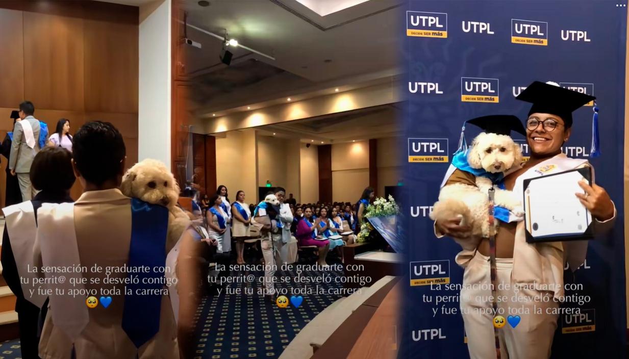 Imágenes de la joven recibiendo el diploma junto a su mascota. 