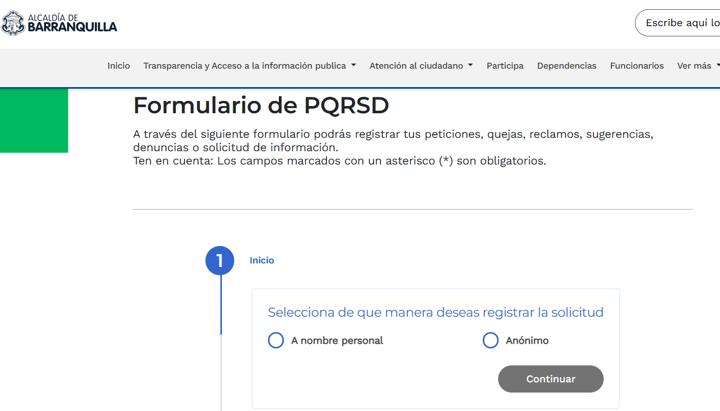 Formulario PQRSD del Distrito de Barranquilla.