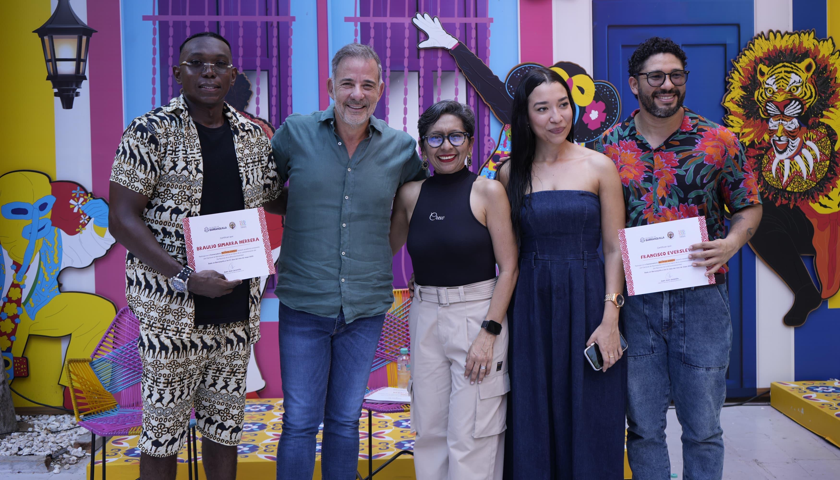 Braulio Simarra, bailarín; Juan José Jaramillo, gerente de Carnaval S.A.S.; Vianny Pérez, periodista, Andrea Bedoya, escritora; Francisco Eversley, historiador