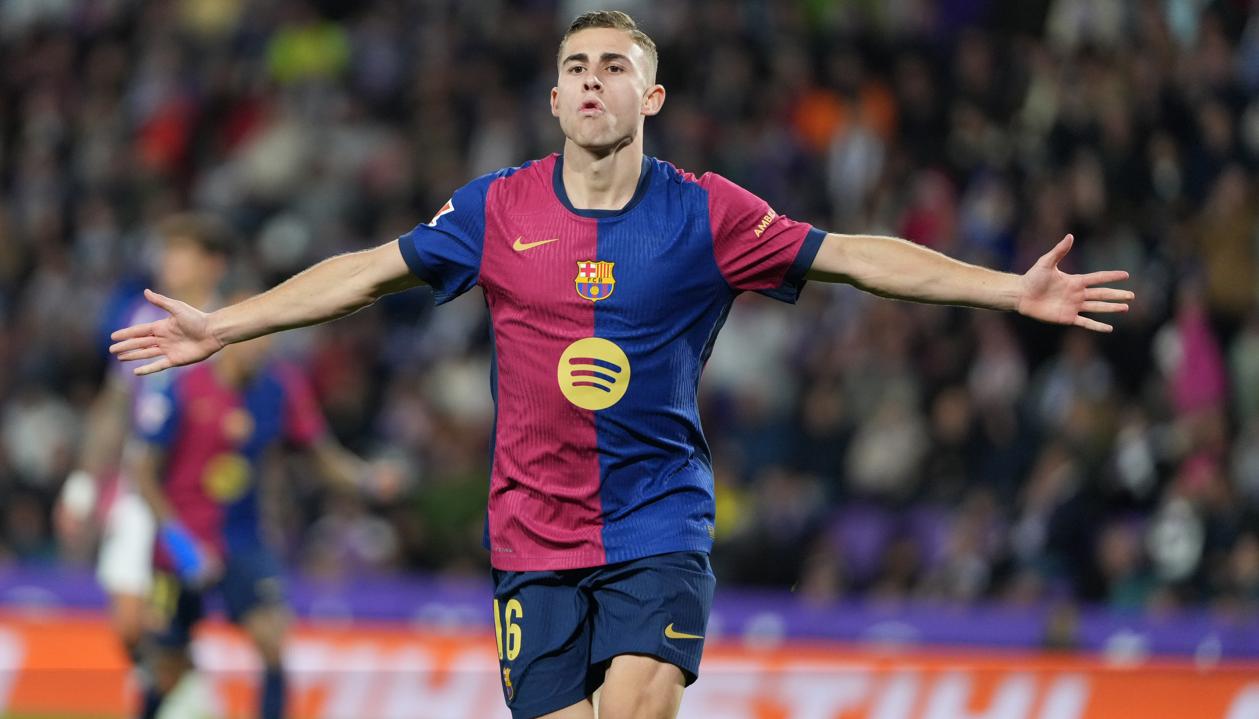 Fermín López celebra el gol de la victoria del Barcelona sobre el Valladolid.