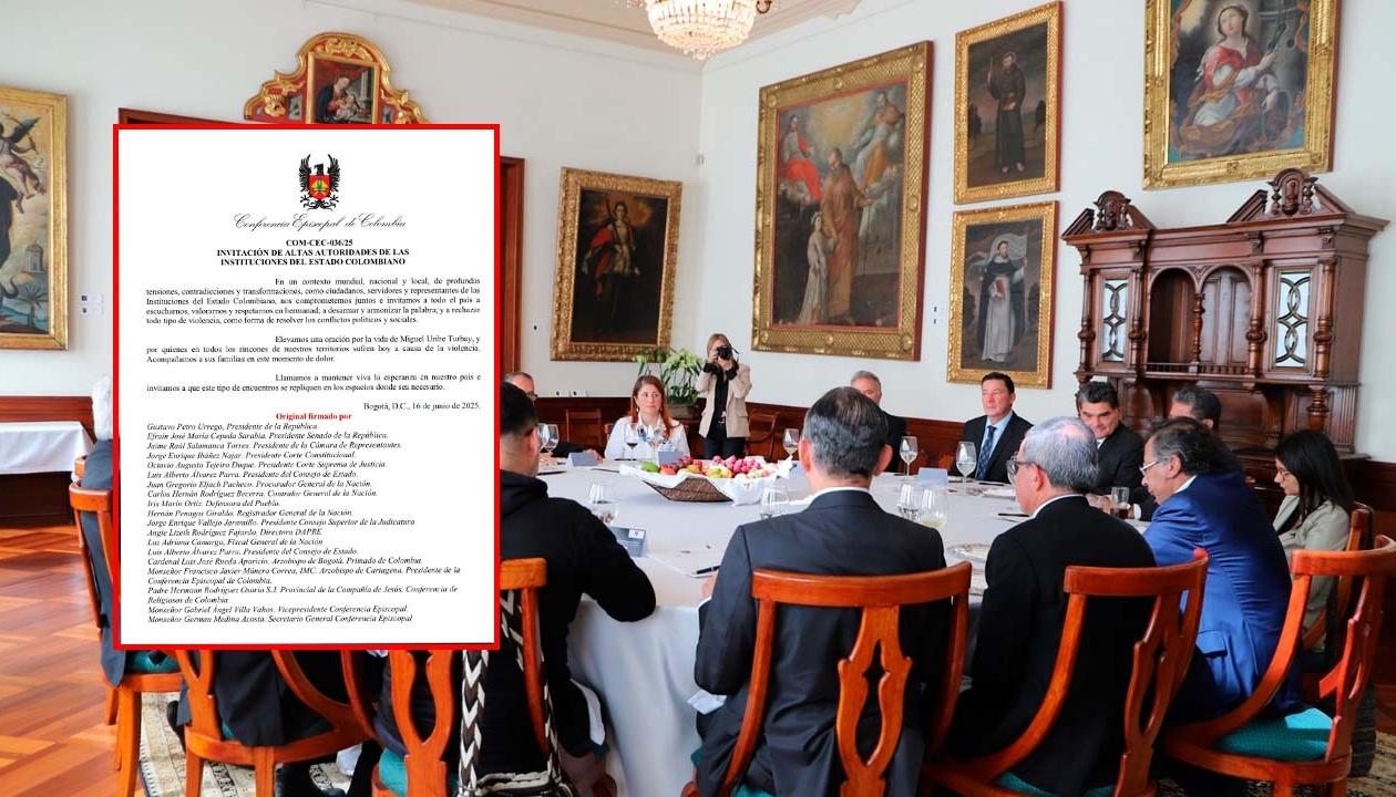 Imagen de la reunión y la declaración firmada.