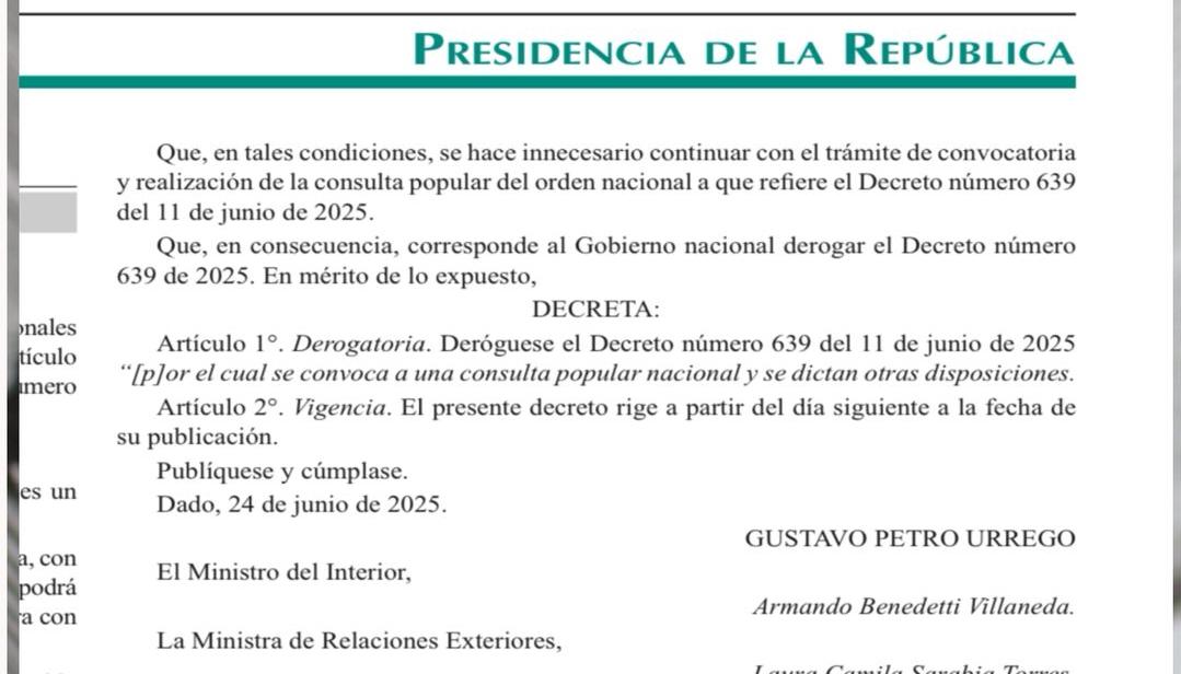 El Gobierno derogó el decreto que convocada a consulta popular al pueblo colombiano. 
