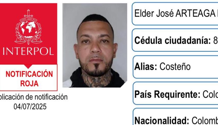 Circular roja de la Interpol contra alias 'El Costeño'.