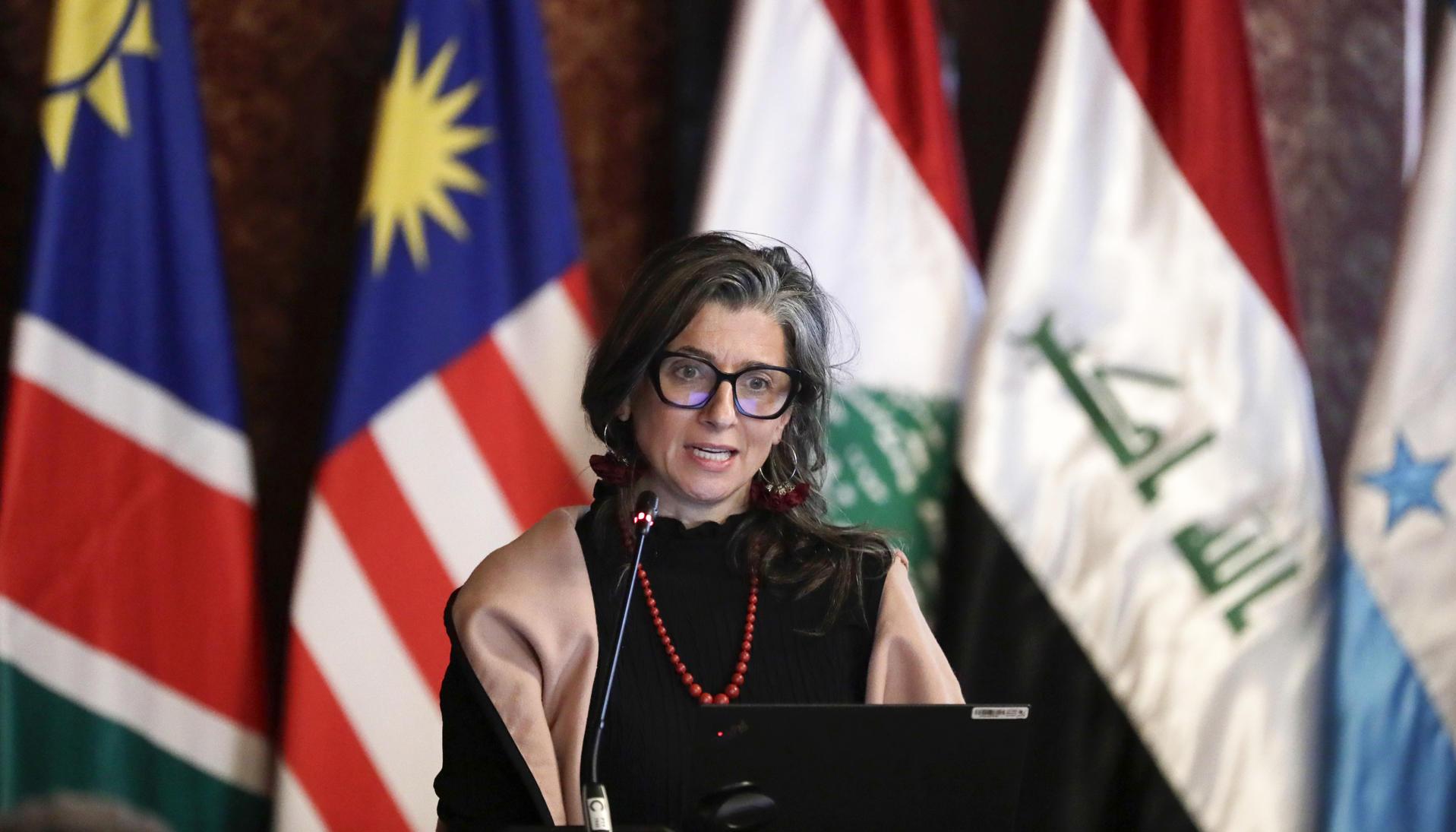 La relatora especial de la ONU para Palestina, Francesca Albanese, durante la instalación de la cumbre ministerial de emergencia del Grupo de La Haya.