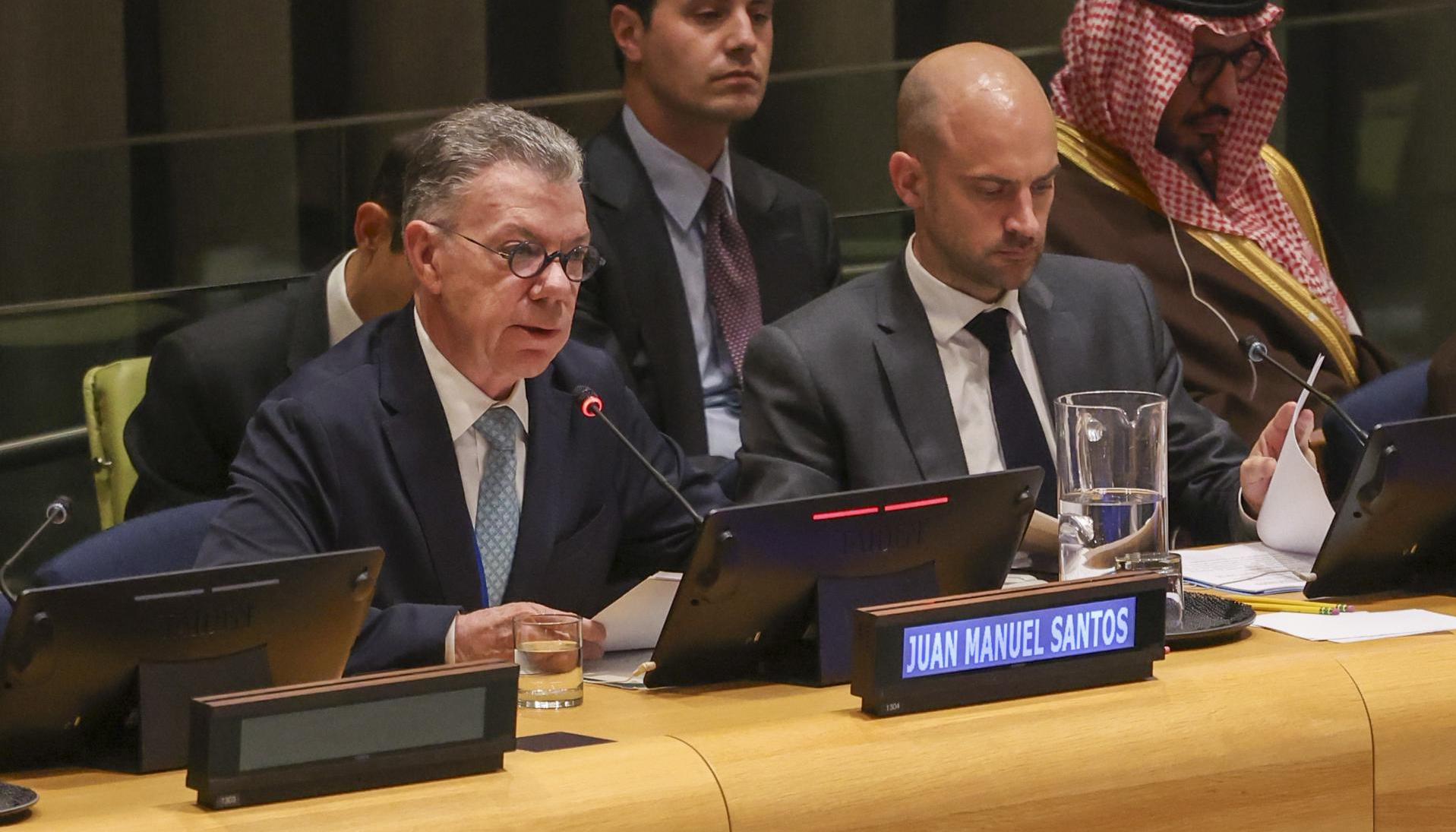 Expresidente Juan Manuel Santos este lunes en la ONU. 