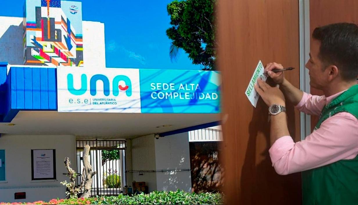 Fachada de la sede de Alta Complejidad y un del funcionario de Supersalud poniendo el sello de intervención.