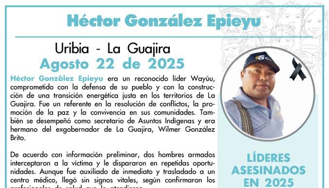 Héctor González Epieyu es líder 103 asesinados este año en Colombia. 