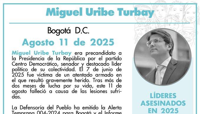 Miguel Uribe Turbay falleció este 11 de agosto en Bogotá. 