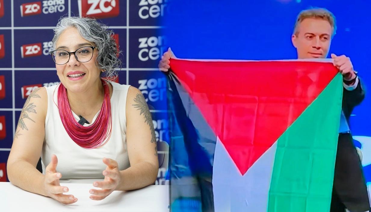María José Pizarro y Daniel Quintero Calle con la bandera palestina en el Congreso de la Andi.