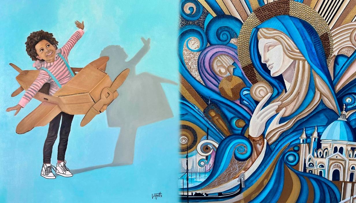 Obras de las artistas Lissete Pinedo Barvo y Adriana Vallejo que serán exhibidas en esta colectiva.