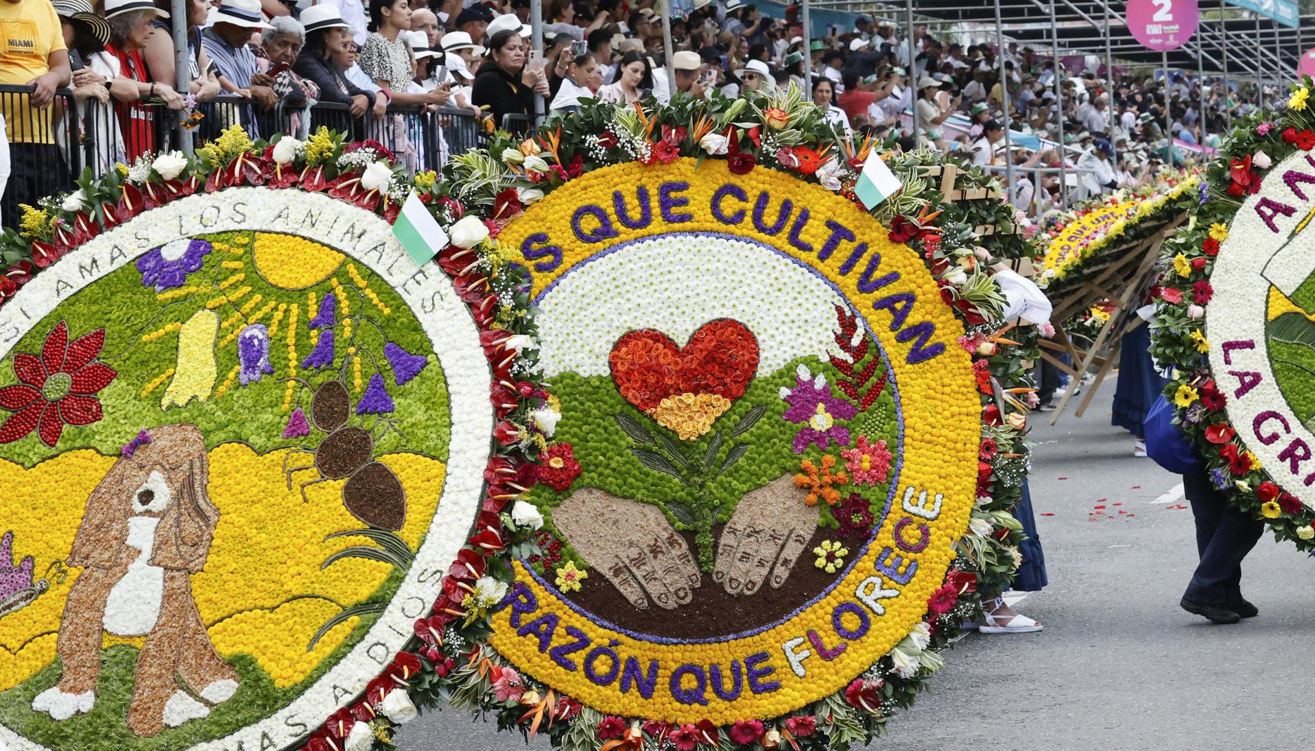 Silleteros participan en el Desfile de Silleteros durante la Feria de las Flores 2025.