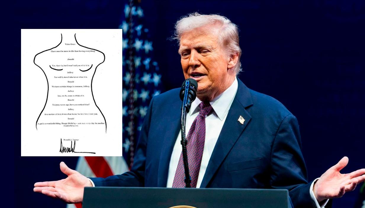 Presidente Donald Trump y el dibujo dedicado a Jeffrey Epstein.