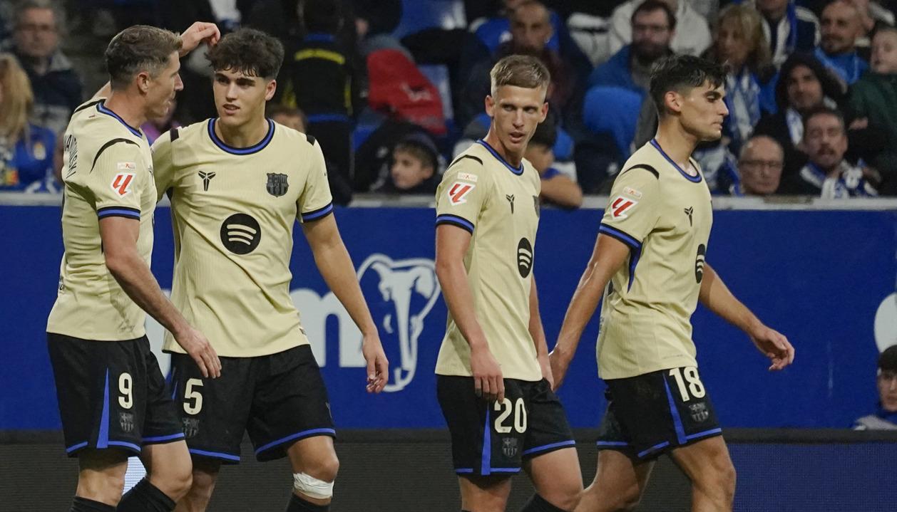 Celebrsción del segundo gol del Barcelona, marcado por Robert Lewandowski.