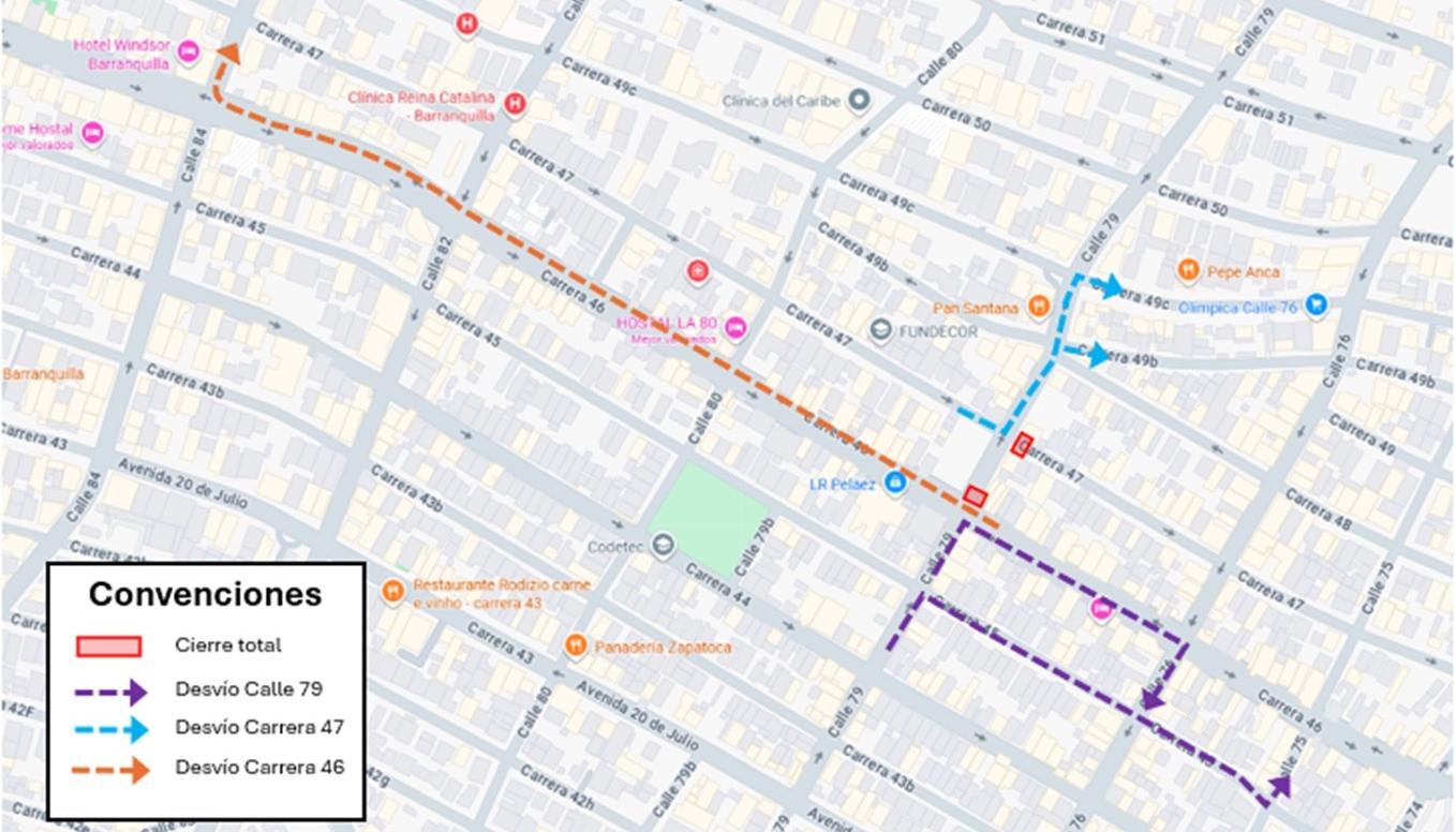 Mapa del cierre vial en Barranquilla.