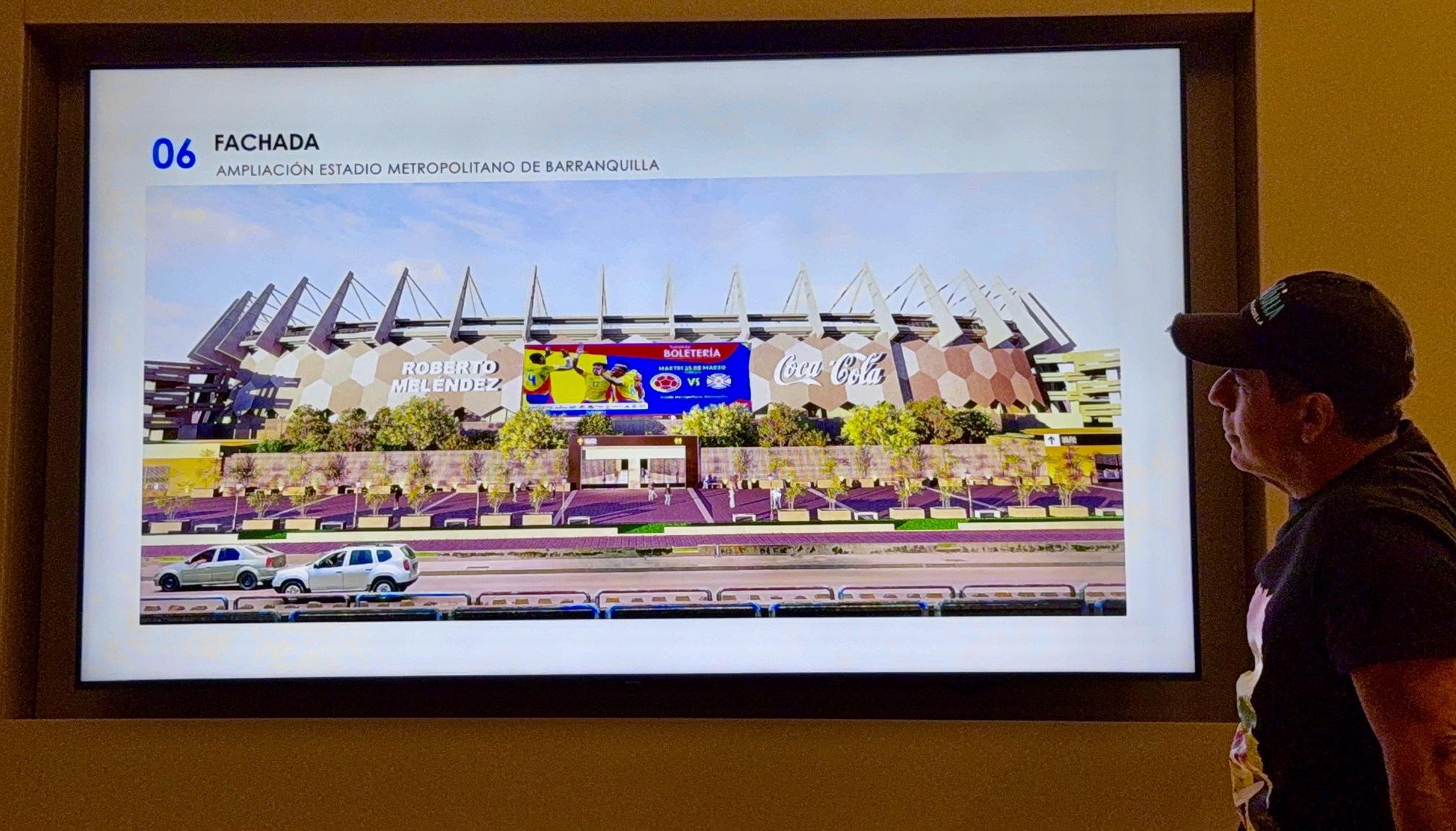 El alcalde Alejandro Char mostrando la que será la nueva fachada del estadio.