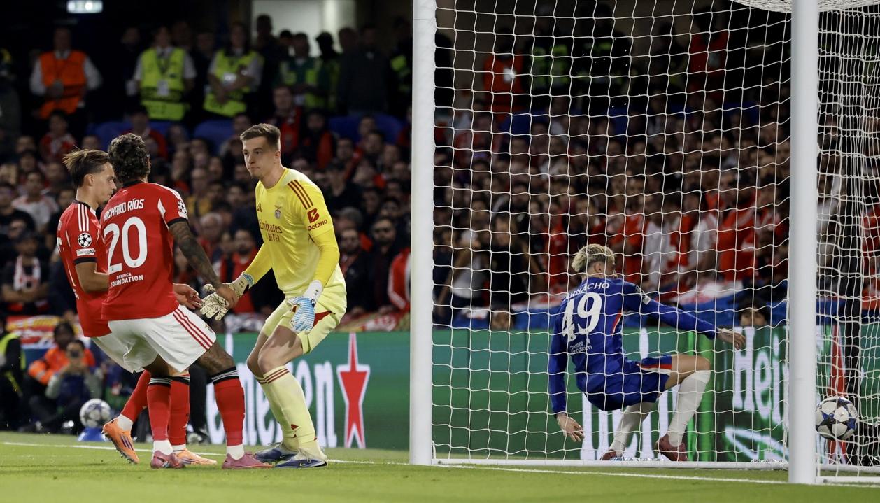 La pelota impulsada por el colombiano Richard Ríos entra a la portería del Benfica. 
