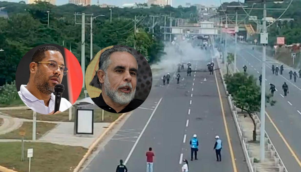 El rector de UniAtlántico, Leyton Barrios, el Ministro del Interior, Armando Benedetti y la protesta de este jueves.