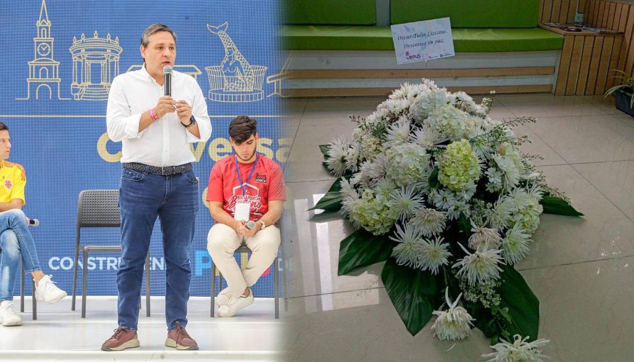 Mauricio Lizcano y la corona fúnebre que llegó a su sede en Manizales.