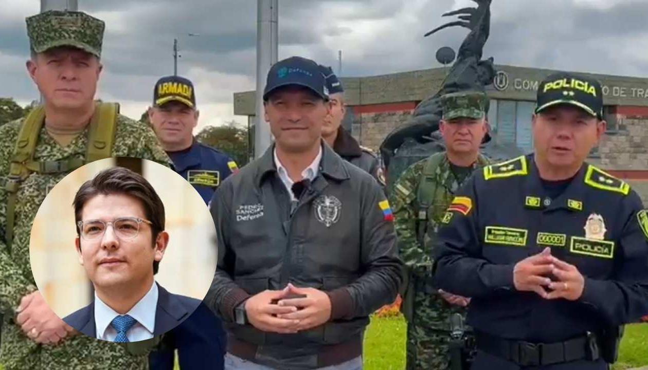 El almirante Francisco Cubides Granados, comandante de las Fuerzas Militares; el ministro de Defensa, Pedro Sánchez, y el director de la Policía, William Rincón.