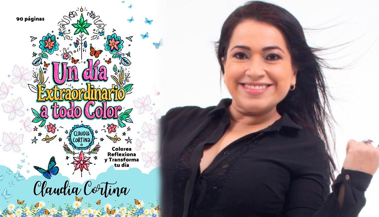 Claudia Cortina Peña y la carátula de su libro ‘Un día extraordinario a todo color’.