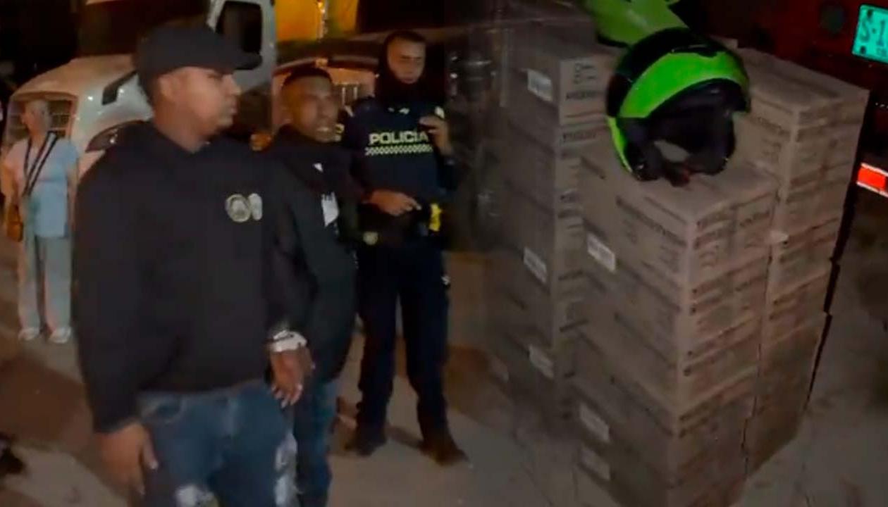 Los presuntos ladrones y la mercancía de la tractomula.